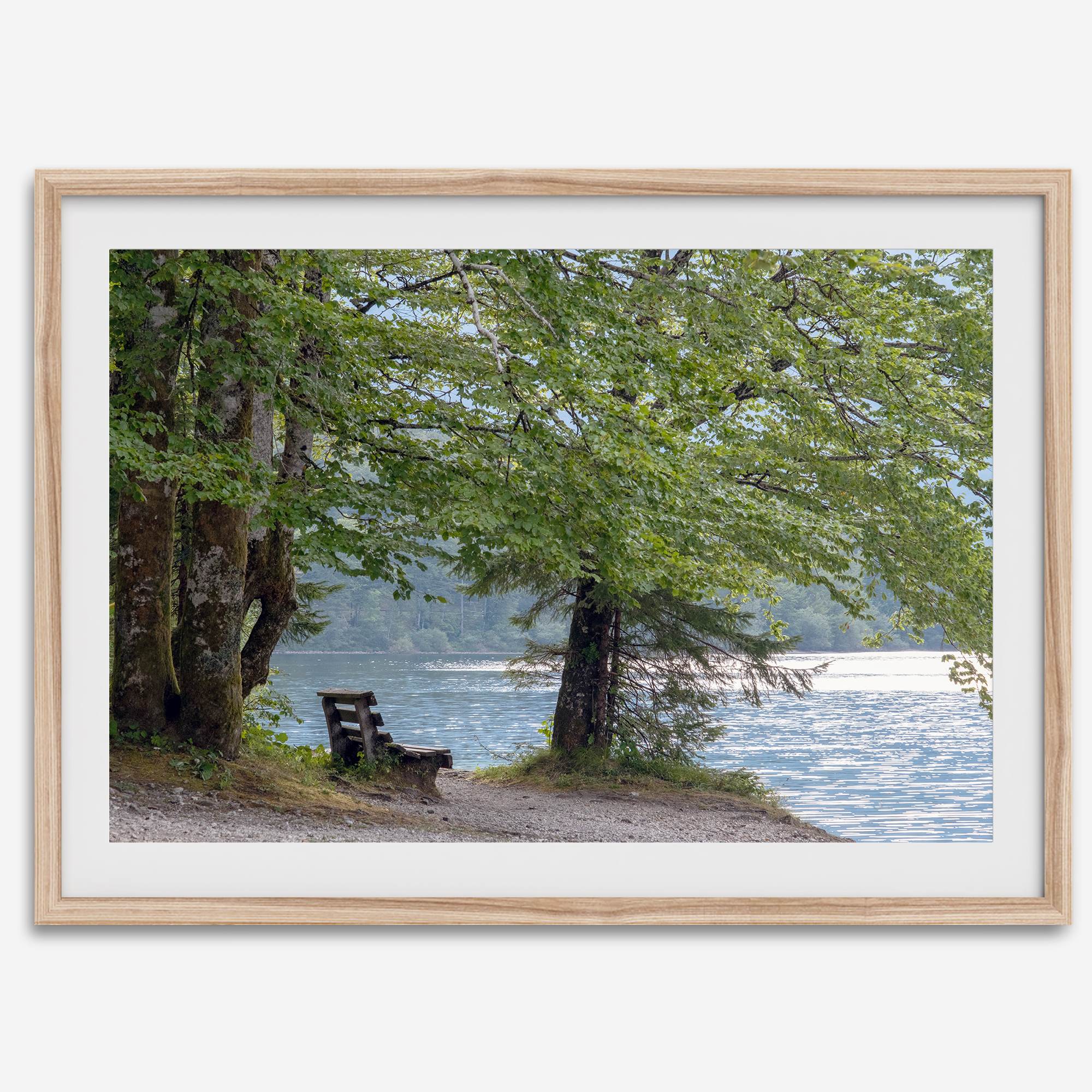 Framed serene lake print showing a bench by the water under lush green trees, with soft sunlight reflected on the calm lake surface.