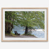 Framed serene lake print showing a bench by the water under lush green trees, with soft sunlight reflected on the calm lake surface.