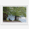 Framed serene lake print showing a bench by the water under lush green trees, with soft sunlight reflected on the calm lake surface.