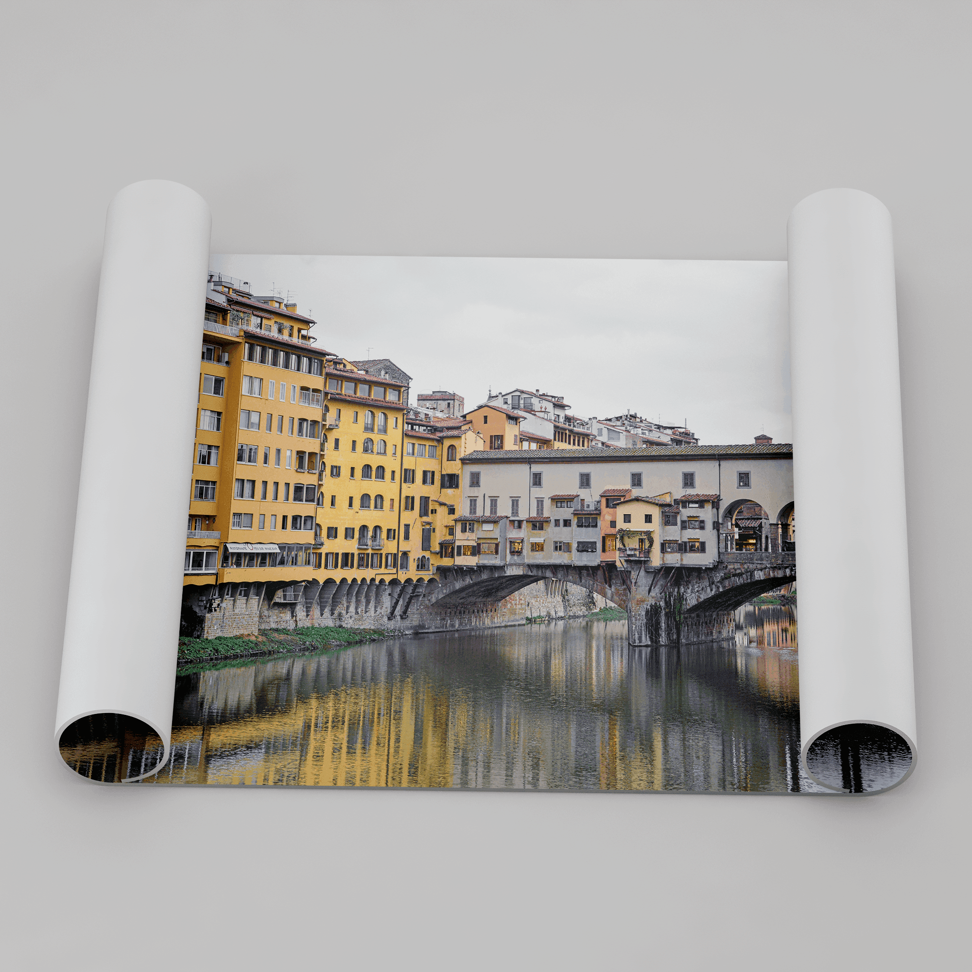 A colorful, vibrant fine art Florence print featuring the famous Ponte Vecchio medieval bridge.