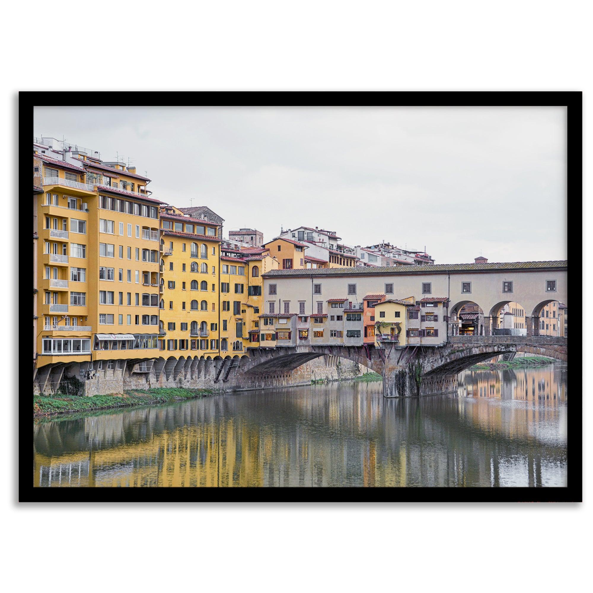 A colorful, vibrant fine art Florence print featuring the famous Ponte Vecchio medieval bridge.