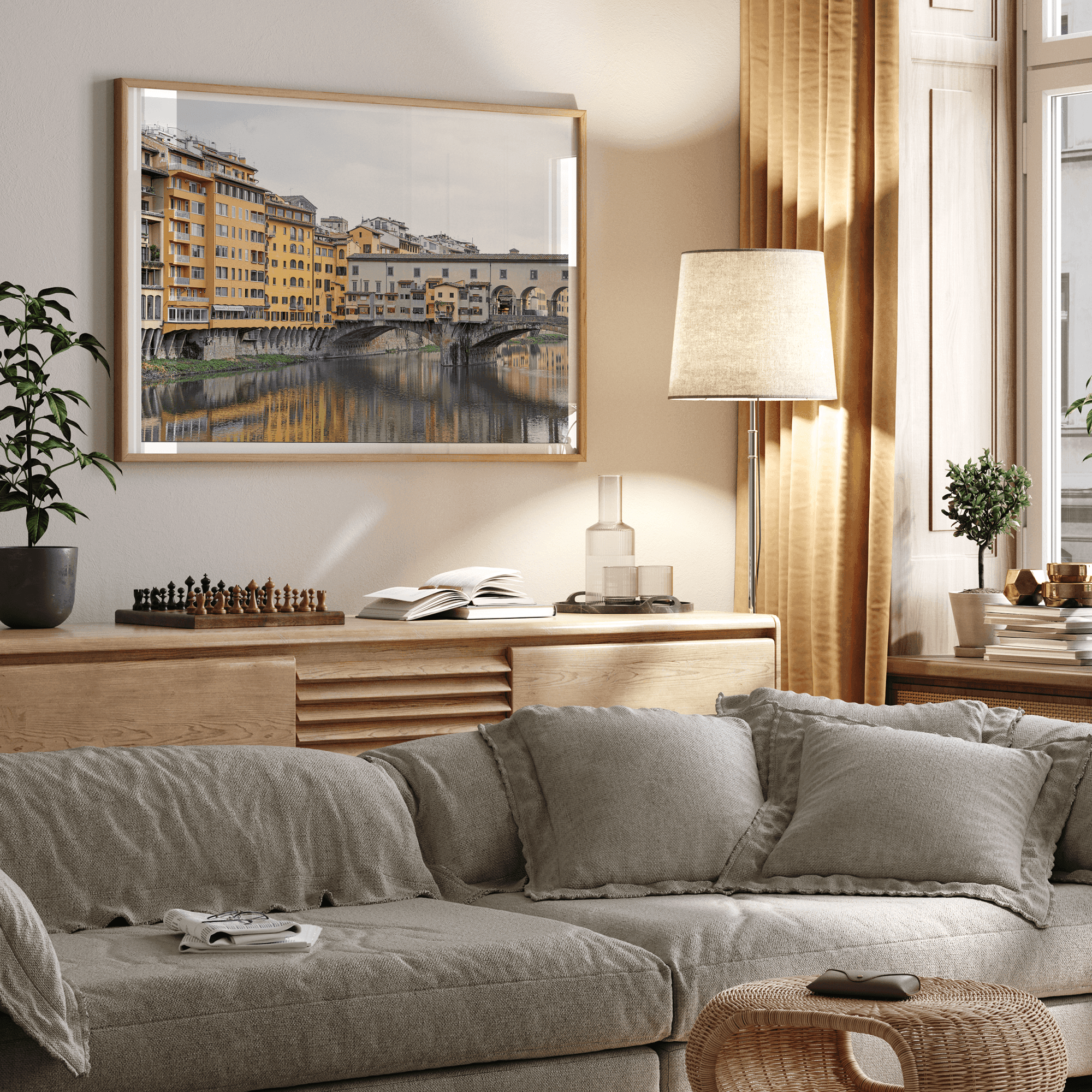 A colorful, vibrant fine art Florence print featuring the famous Ponte Vecchio medieval bridge.