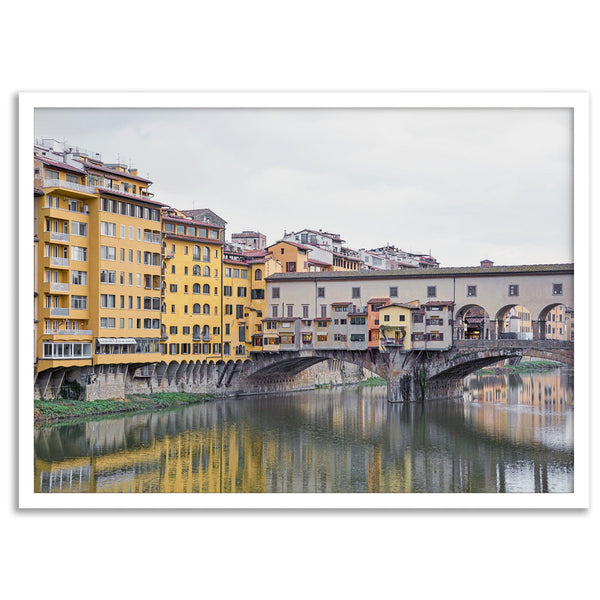 A colorful, vibrant fine art Florence print featuring the famous Ponte Vecchio medieval bridge.