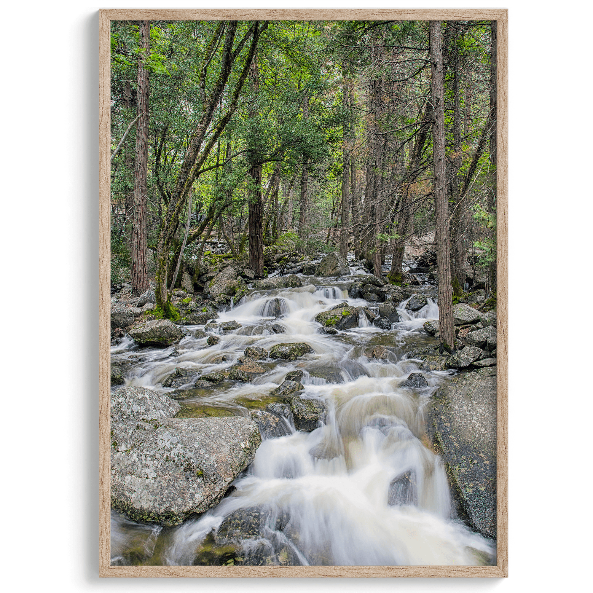 A beautiful river cuts through the forest, shot in long exposure making the water look creamy and calm in this fine art Yosemite National Park print.