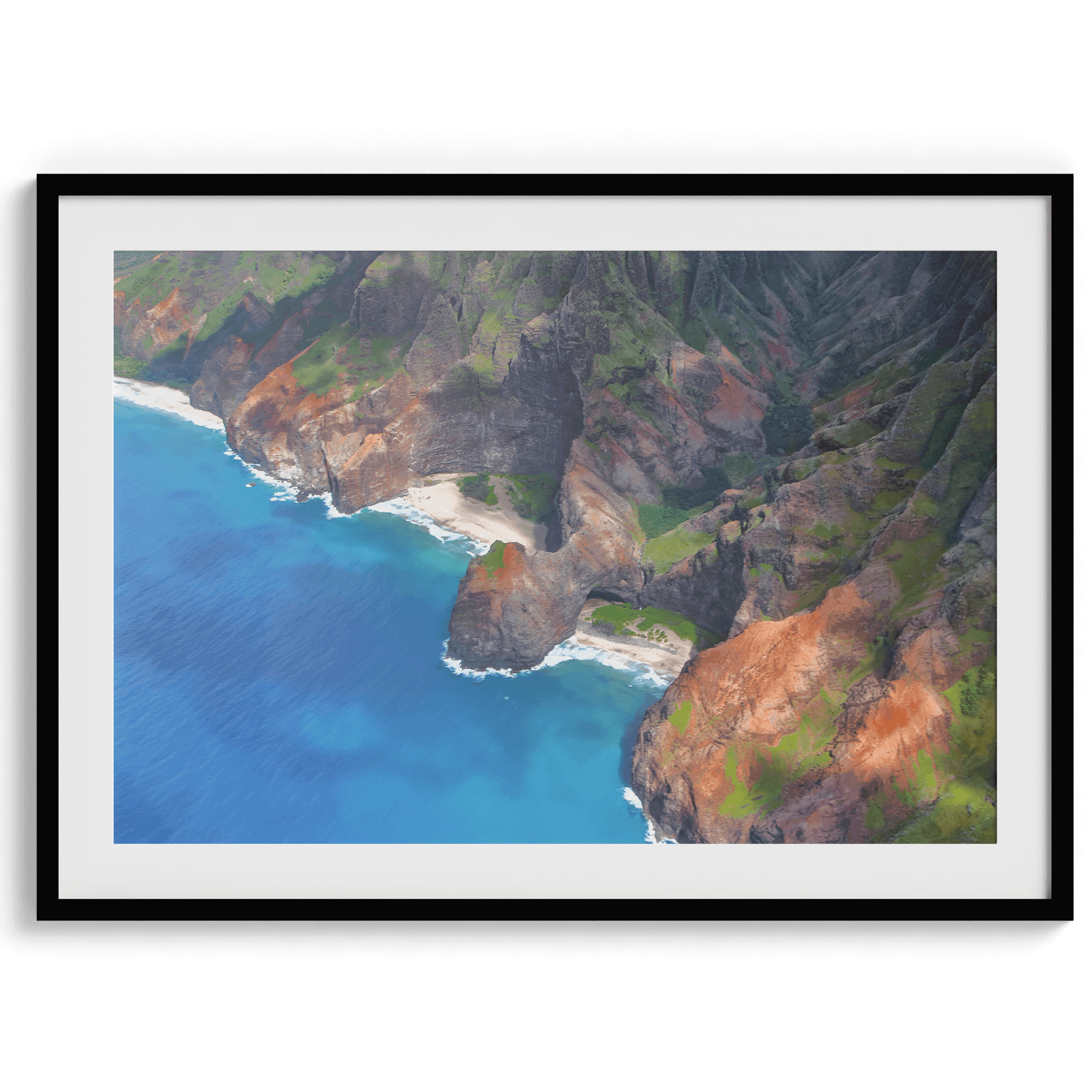 Fine art aerial photograph of the Na Pali Coast, Kauai, Hawaii. Colorful cliffs and a blue ocean create a mesmerizing beach scene.