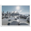 Lake Tahoe wall art featuring Sand Harbor’s boulders, pine trees, and water reflections at sunrise.