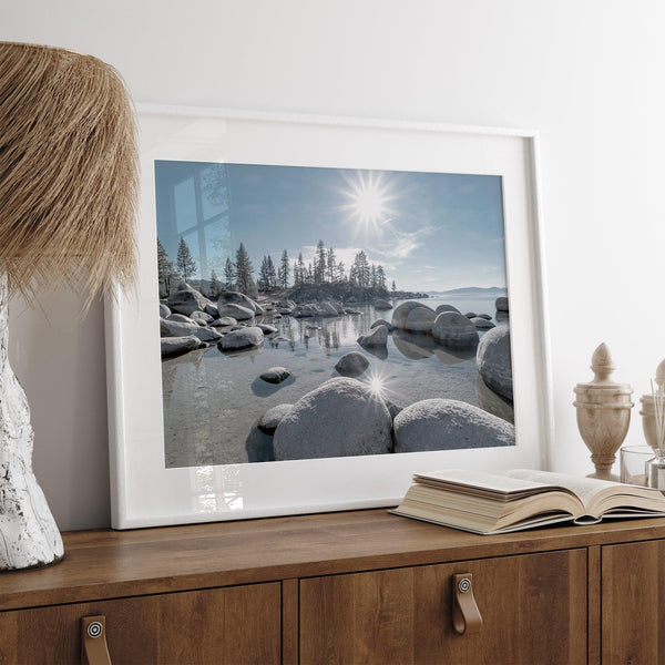 Lake Tahoe wall art featuring Sand Harbor’s boulders, pine trees, and water reflections at sunrise.