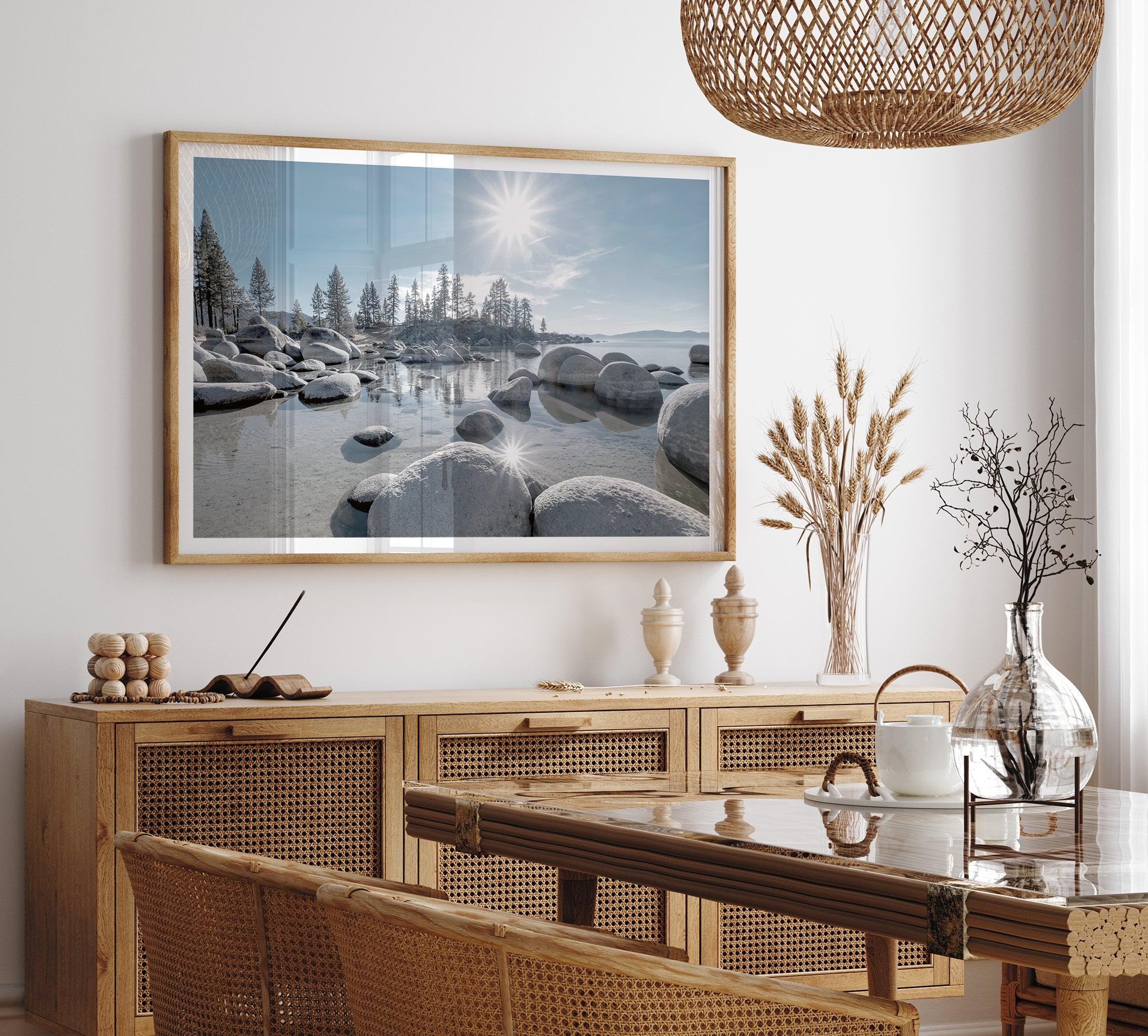 Lake Tahoe wall art featuring Sand Harbor’s boulders, pine trees, and water reflections at sunrise.