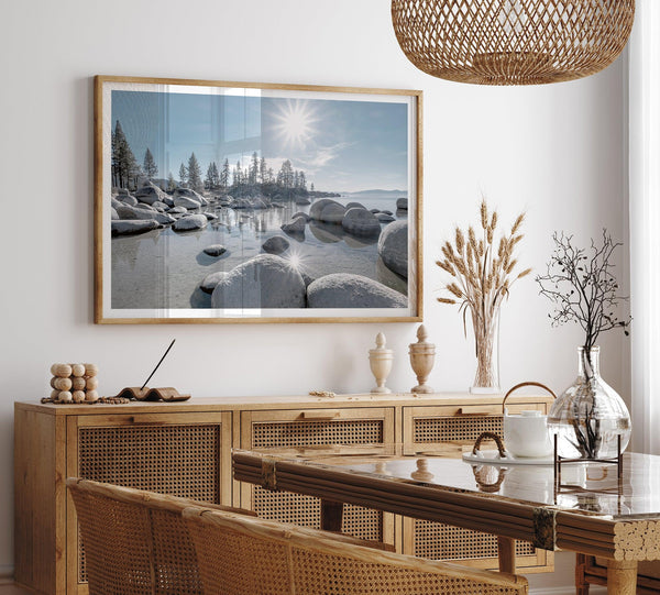 Lake Tahoe wall art featuring Sand Harbor’s boulders, pine trees, and water reflections at sunrise.