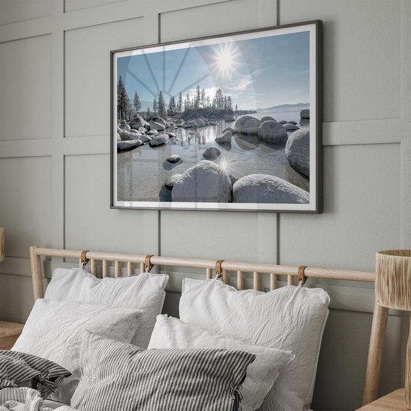 Lake Tahoe wall art featuring Sand Harbor’s boulders, pine trees, and water reflections at sunrise.