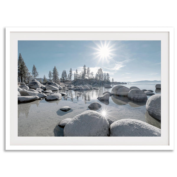 Lake Tahoe wall art featuring Sand Harbor’s boulders, pine trees, and water reflections at sunrise.