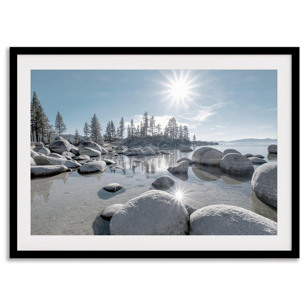 Lake Tahoe wall art featuring Sand Harbor’s boulders, pine trees, and water reflections at sunrise.