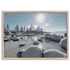 Lake Tahoe wall art featuring Sand Harbor’s boulders, pine trees, and water reflections at sunrise.