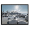 Lake Tahoe wall art featuring Sand Harbor’s boulders, pine trees, and water reflections at sunrise.