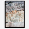 This modern, colorful desert framed or unframed print features the colorful dunes in Zabriskie Point. Our Death Valley National Park poster celebrates the stunning terrain and sunsets of the park with colors like Pink, Purple, and Yellow.