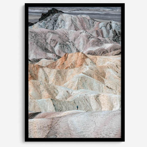 This modern, colorful desert framed or unframed print features the colorful dunes in Zabriskie Point. Our Death Valley National Park poster celebrates the stunning terrain and sunsets of the park with colors like Pink, Purple, and Yellow.