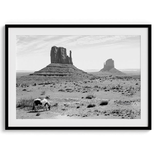 Black and white photograph of a horse grazing in Monument Valley with towering rock formations in the background.