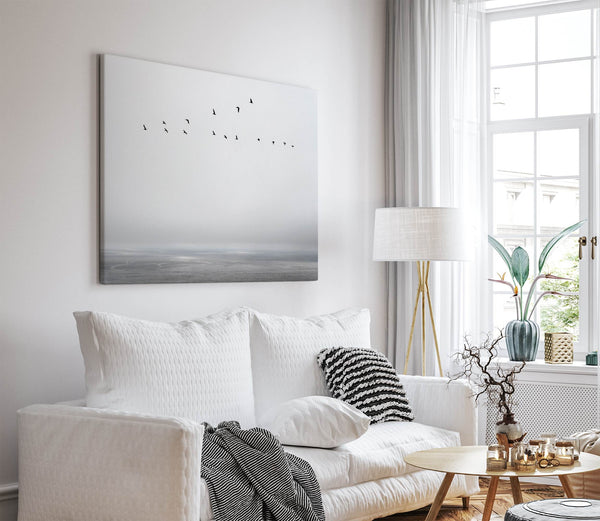 Ocean canvas print featuring flying sea birds and peaceful coastal scenery from Pacifica, California.