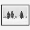 Snowy winter scene artwork with tall pine trees in a peaceful snow-covered field, perfect for minimalist wall decor.