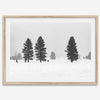 Snowy winter scene artwork with tall pine trees in a peaceful snow-covered field, perfect for minimalist wall decor.