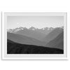 Black and white mountain photography wall art showcasing multiple layers of snowy mountain ranges. 