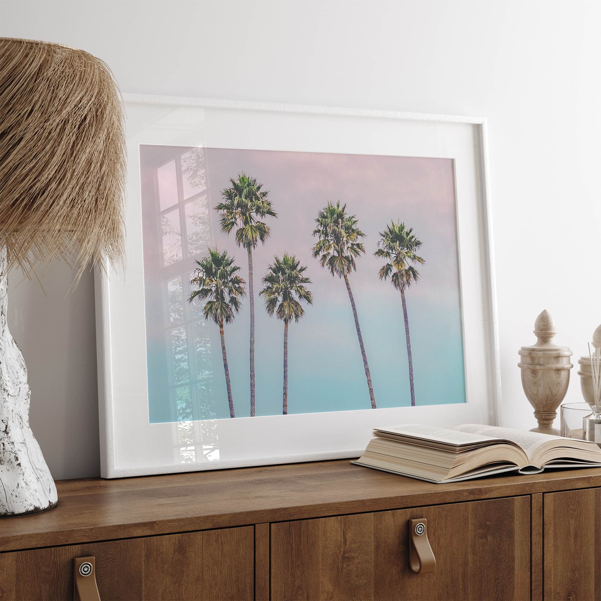 Pink Sunset Beach Palm Tree Fine Art Print - Minimalist Palm Trees Wall Art, Beach Photography Art Print, Coastal Home Decor