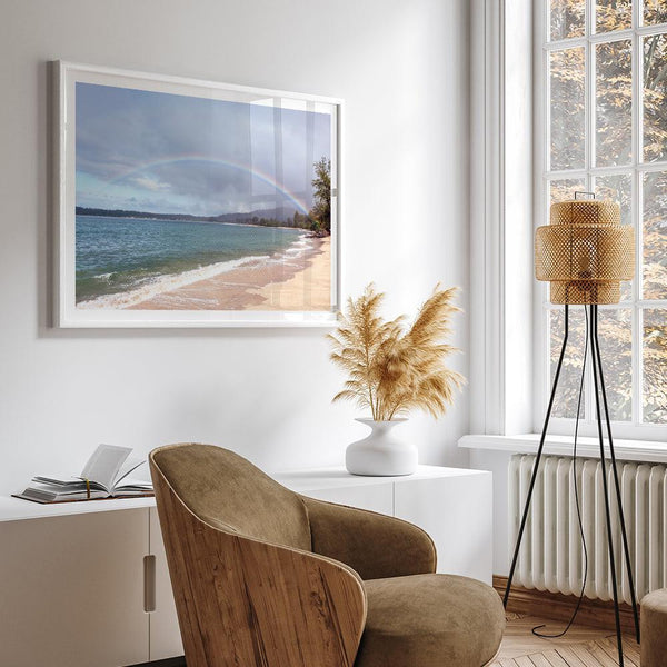 Modern coastal wall art featuring a Kauai beach with a vivid rainbow over turquoise ocean waters and golden sand