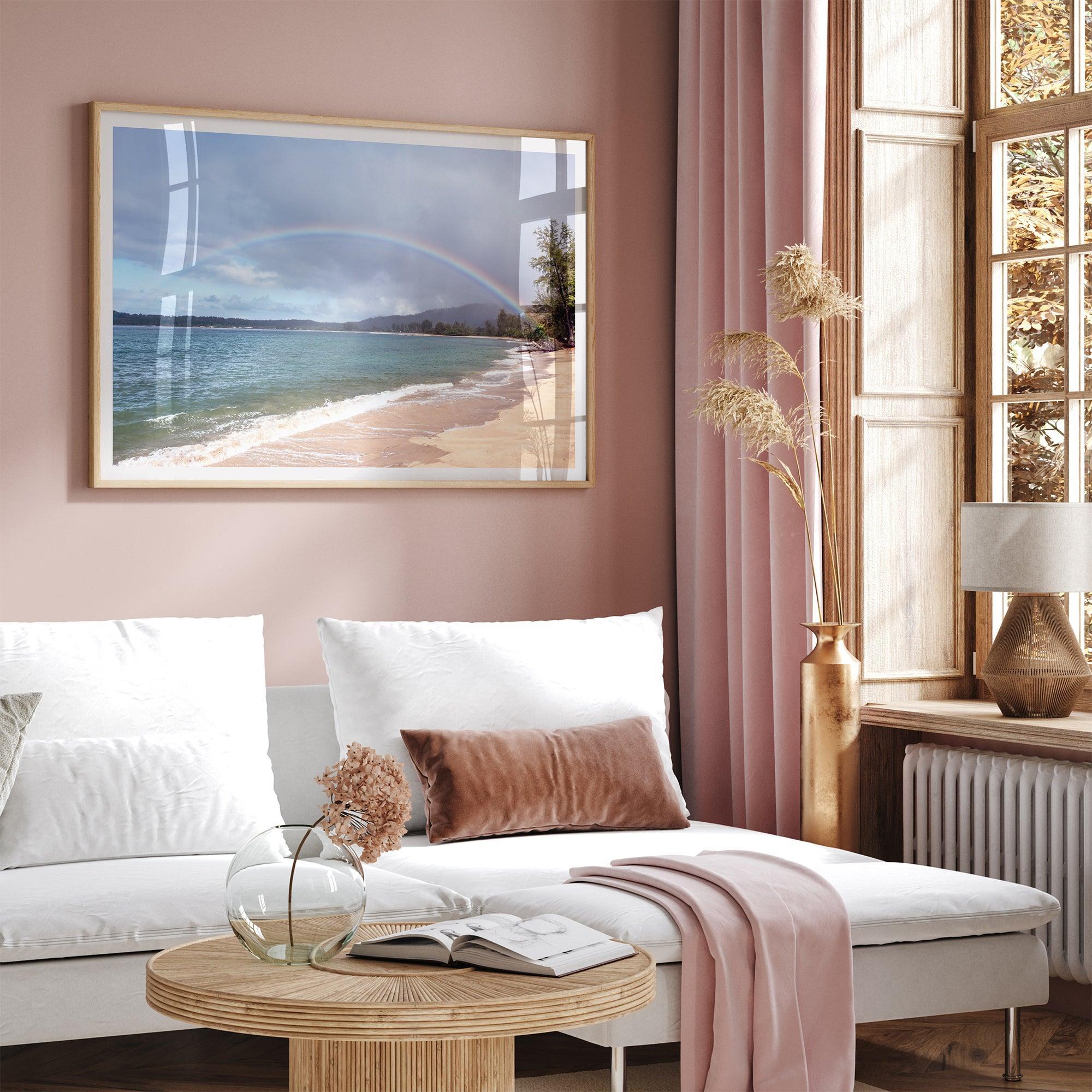 Modern coastal wall art featuring a Kauai beach with a vivid rainbow over turquoise ocean waters and golden sand