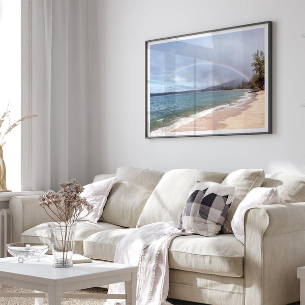 Modern coastal wall art featuring a Kauai beach with a vivid rainbow over turquoise ocean waters and golden sand