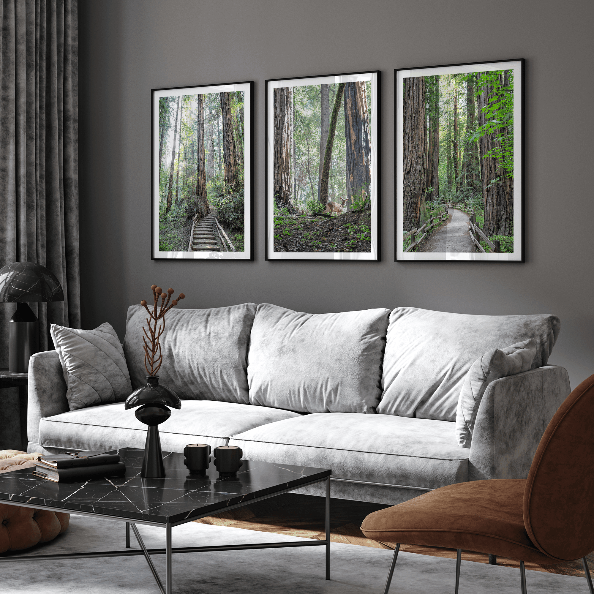 A fine art forest set of 3 prints showcasing different forest scenarios, including a path through a vast Redwood forest, a deer walking among the redwood, and a stairway path through the forest.