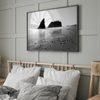 A fine art print of Ruby Beach in Olympic National Park, Washington. This black and white beach wall art features creamy waves in long exposure and dark-shaded towering rocks emerging from the ocean.