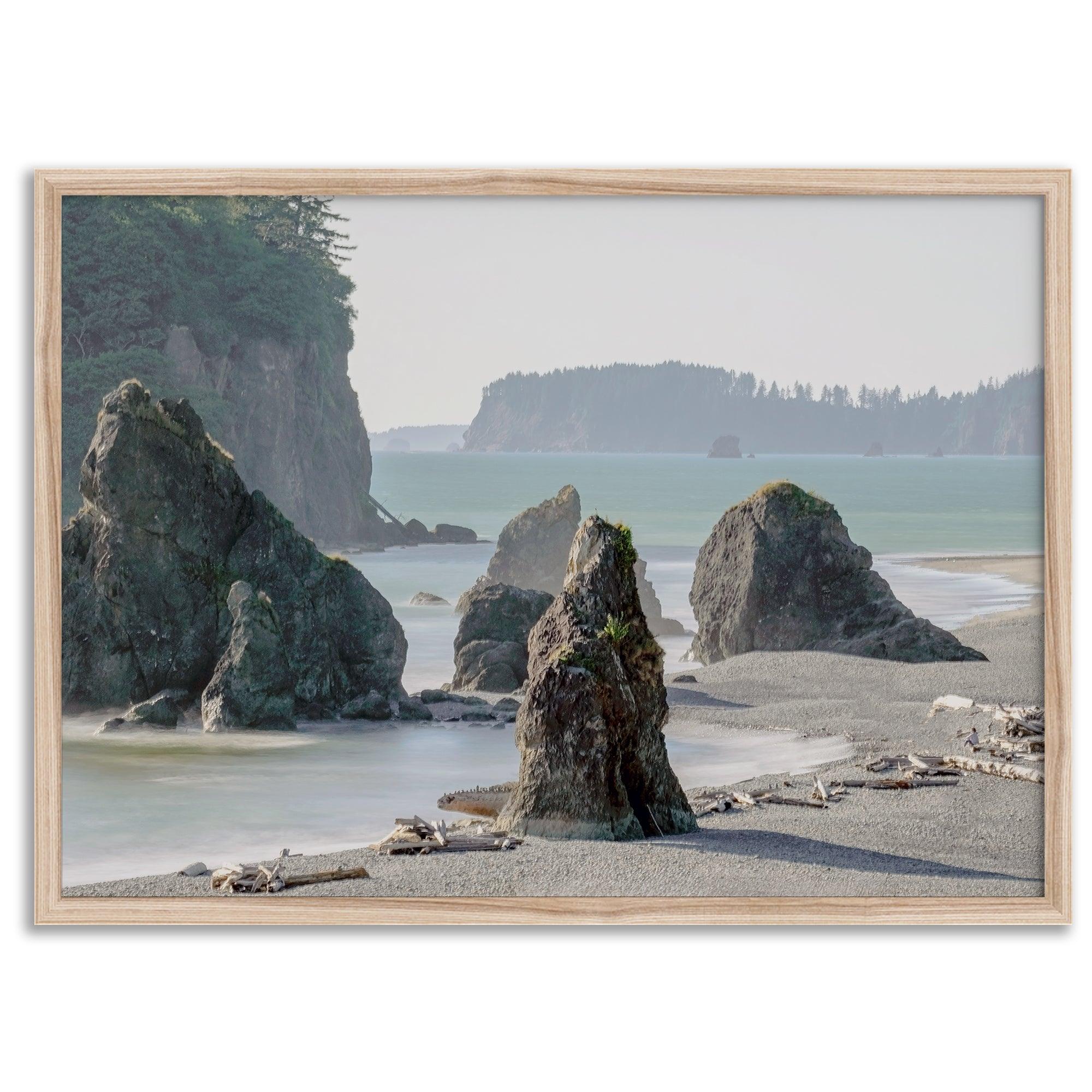 Ruby Beach wall art print featuring sea stacks, sandy beach, and driftwood at Olympic National Park, Washington