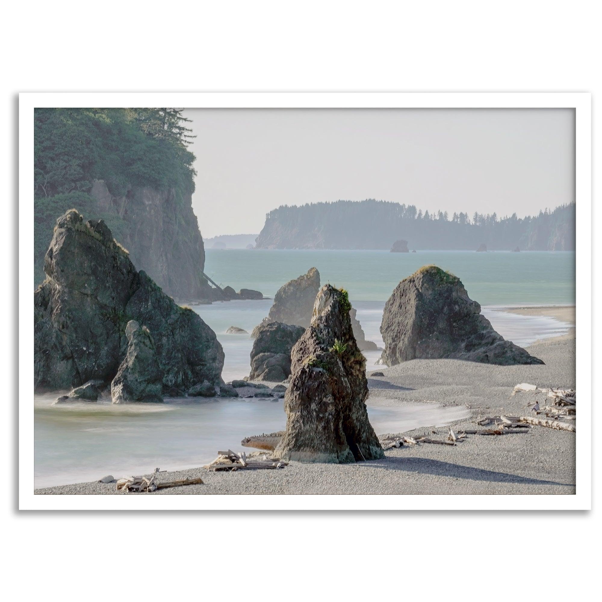 Ruby Beach wall art print featuring sea stacks, sandy beach, and driftwood at Olympic National Park, Washington