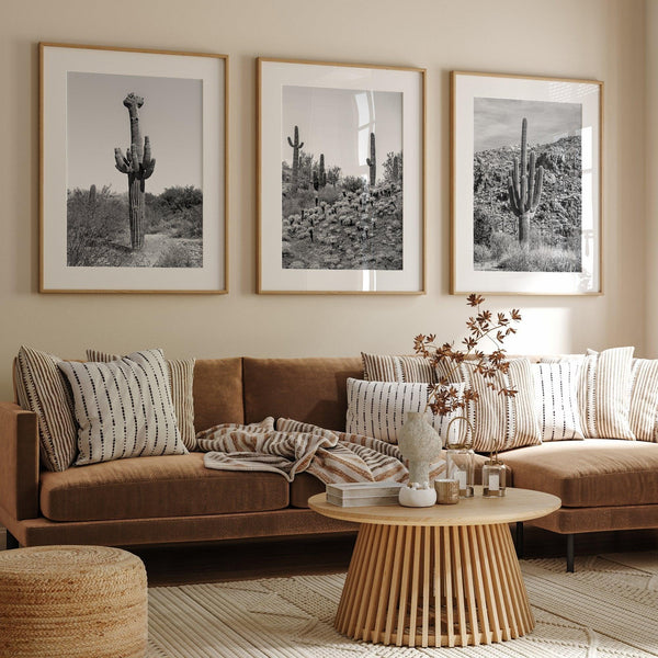 Black and white set of 3 prints featuring Saguaro National Park cacti: a figure-like cactus, one on a cactus-covered hill, and another with a branching top.