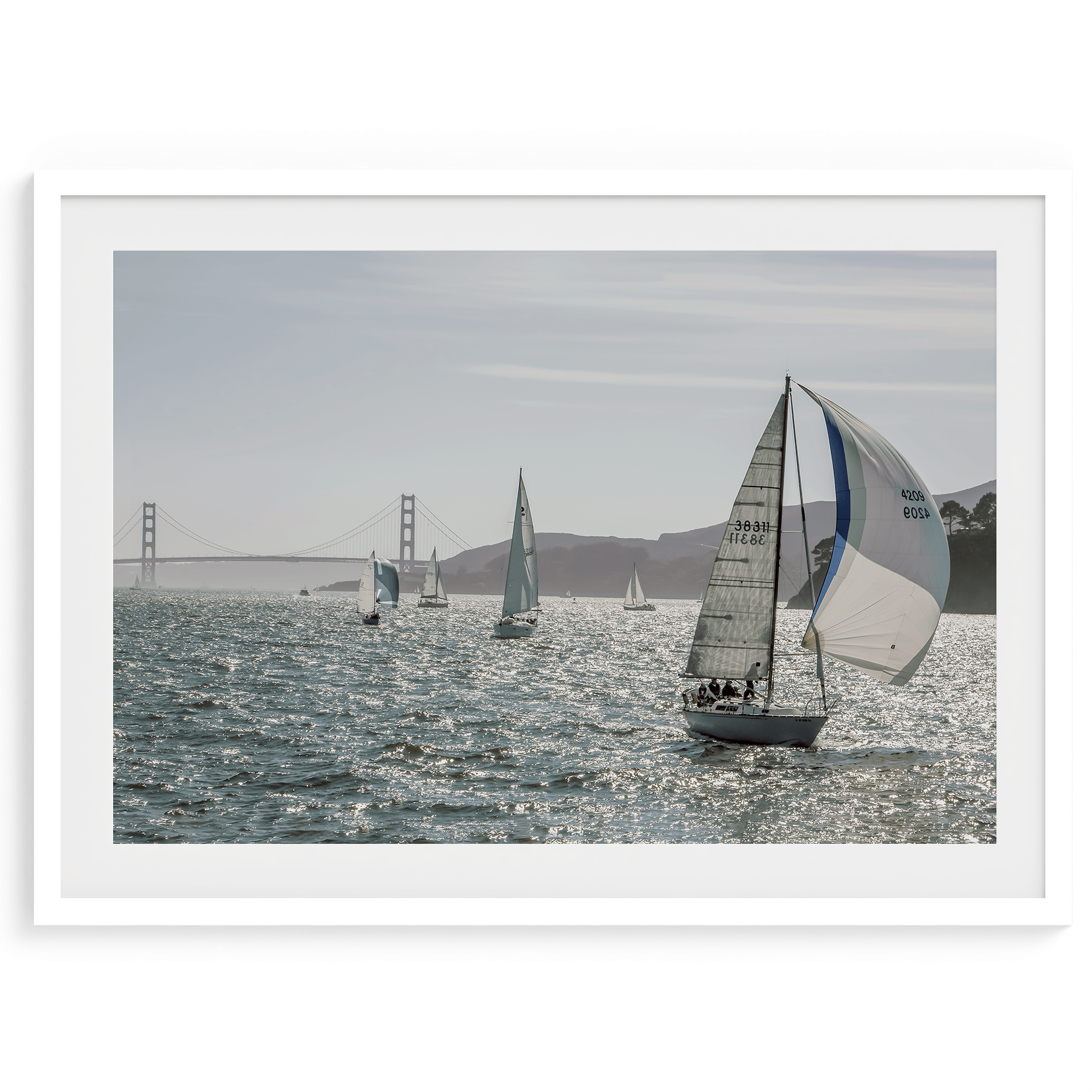 A stunning San Francisco print featuring a panoramic view of the Bay from Angel Island and showcasing sailboats across the water and the Golden Gate Bridge at the backdrop.