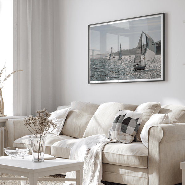 A stunning San Francisco print featuring a panoramic view of the Bay from Angel Island and showcasing sailboats across the water and the Golden Gate Bridge at the backdrop.