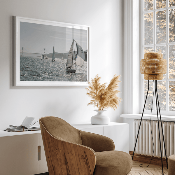 A stunning San Francisco print featuring a panoramic view of the Bay from Angel Island and showcasing sailboats across the water and the Golden Gate Bridge at the backdrop.