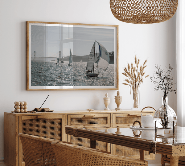 A stunning San Francisco print featuring a panoramic view of the Bay from Angel Island and showcasing sailboats across the water and the Golden Gate Bridge at the backdrop.