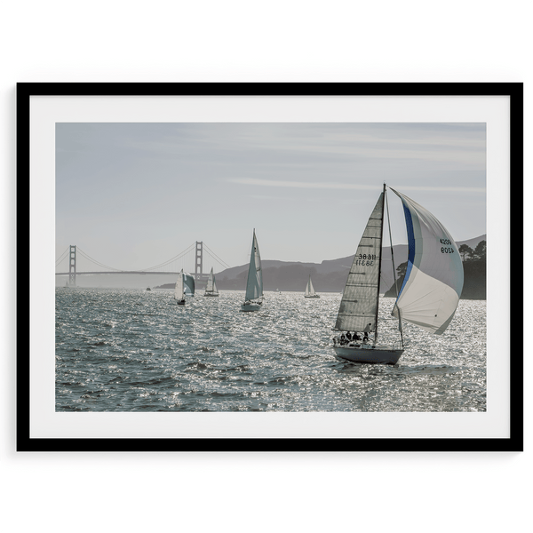 A stunning San Francisco print featuring a panoramic view of the Bay from Angel Island and showcasing sailboats across the water and the Golden Gate Bridge at the backdrop.