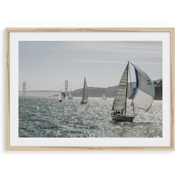 A stunning San Francisco print featuring a panoramic view of the Bay from Angel Island and showcasing sailboats across the water and the Golden Gate Bridge at the backdrop.