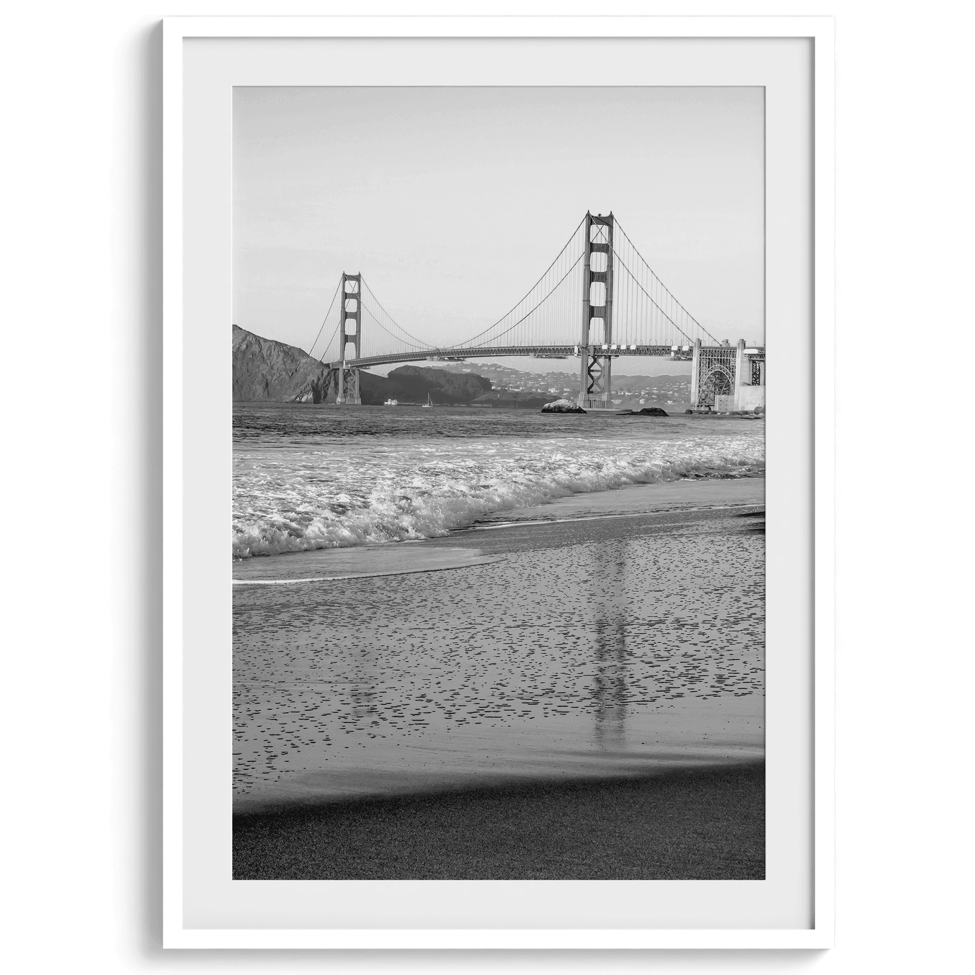 A fine art black and white print of the Golden Gate Bridge in San Francisco. This photo was taken from Baker Beach, showing the beautiful reflection of the bridge in the ocean. It is an excellent addition to your wall decor or a San Francisco gift.