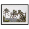 Tropical beach palm tree art with lush green palms against a misty hillside in coastal landscape