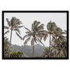 Tropical beach palm tree art with lush green palms against a misty hillside in coastal landscape