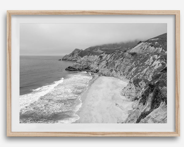 Black and white photo of Gray Whale Cove on the California Pacific Coast – fine art coastal landscape print