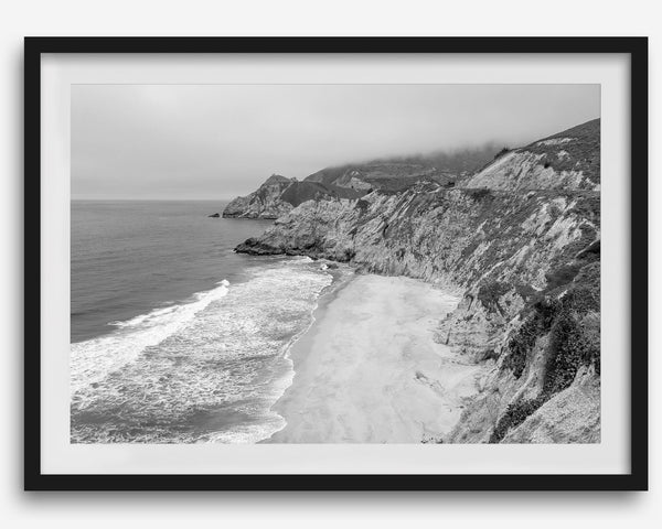 Black and white photo of Gray Whale Cove on the California Pacific Coast – fine art coastal landscape print