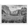 A breathtaking fine art black and white print of Yosemite valley during spring when the waterfalls are in full power.