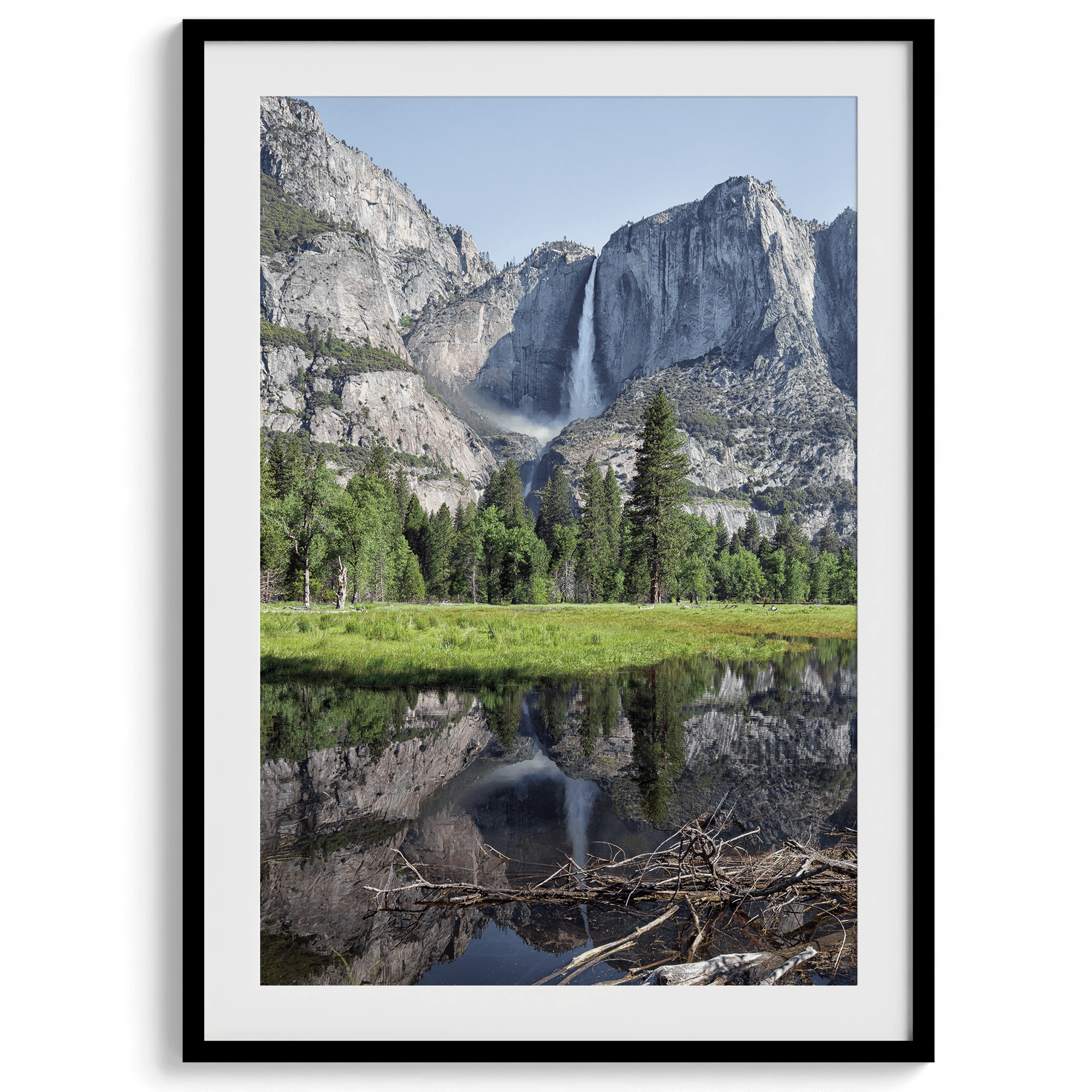 A stunning fine art print of Yosemite Falls with a reflection from Cook Meadows in Yosemite National Park.