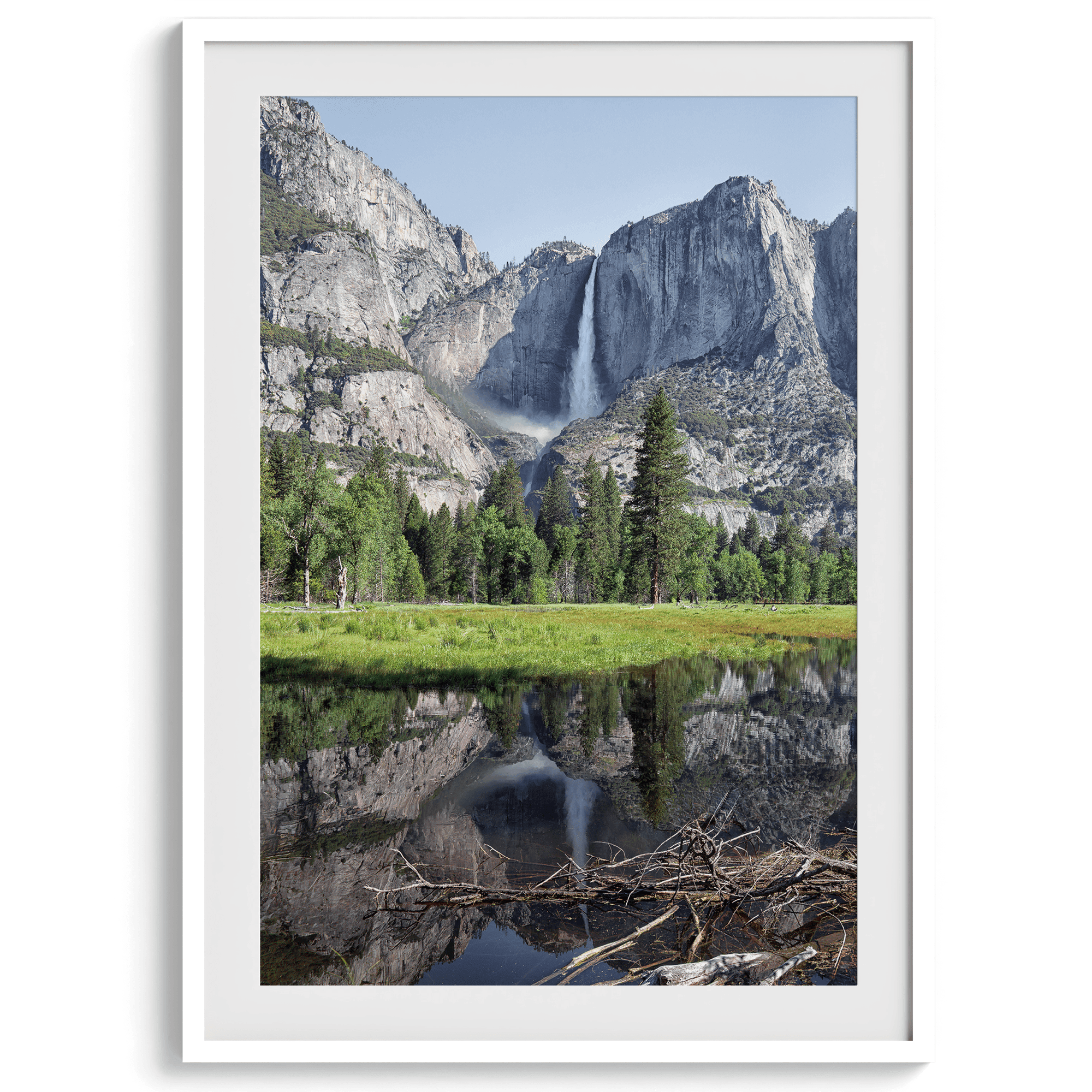 A stunning fine art print of Yosemite Falls with a reflection from Cook Meadows in Yosemite National Park.