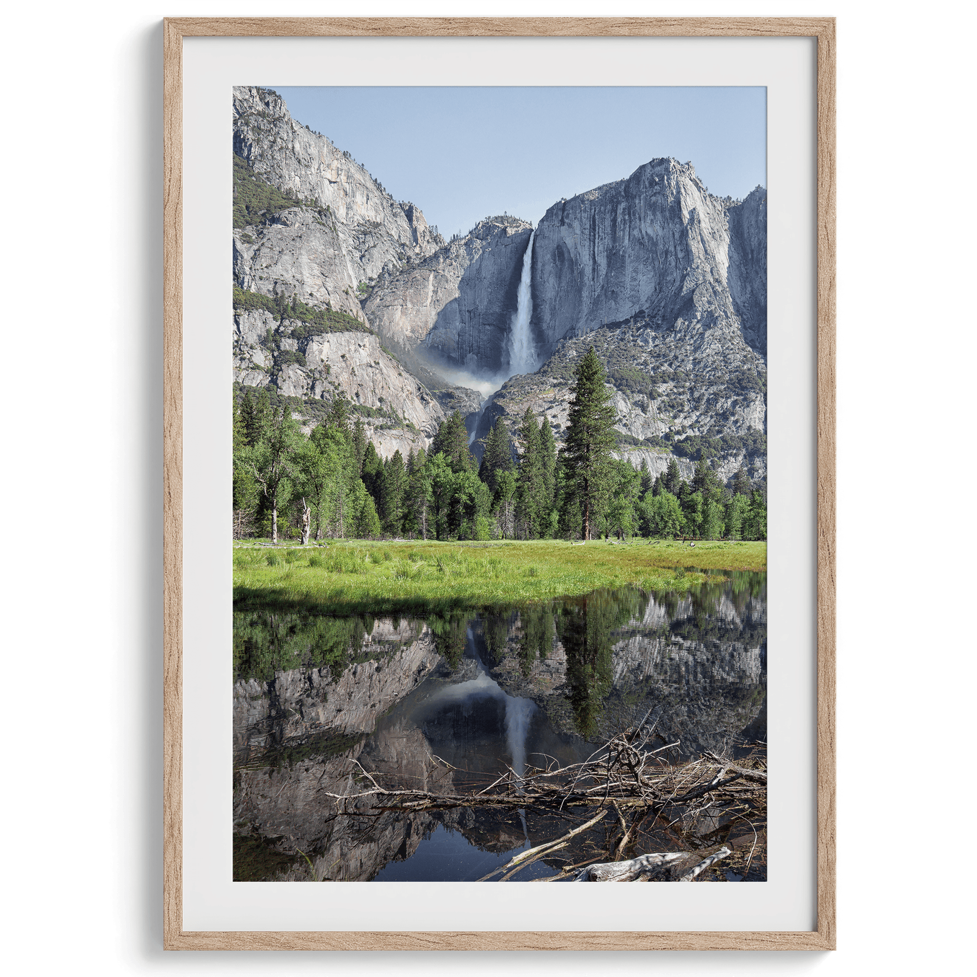 A stunning fine art print of Yosemite Falls with a reflection from Cook Meadows in Yosemite National Park.