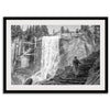 Climb the breathtaking Mist Trail in Yosemite National Part with this fine art black and white waterfall nature print. This nature landscape wall art showcases the stunning gushing waterfall and the people scaling the trail with their colorful raincoats.